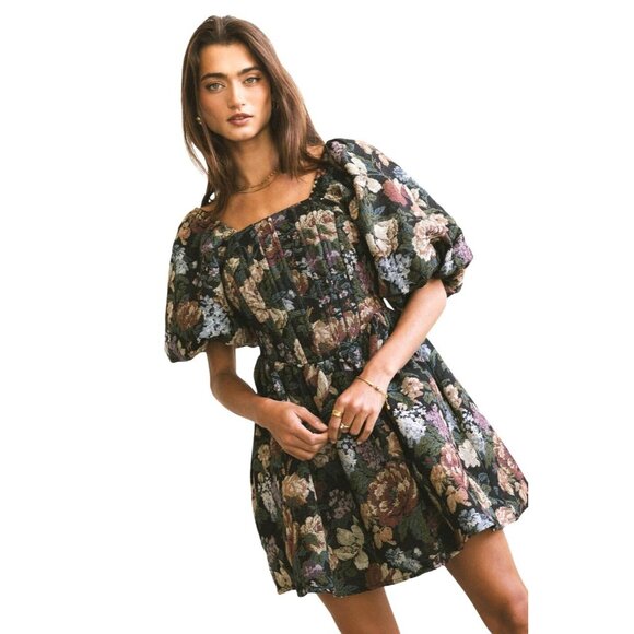 BOHME LaRuth Floral Brocade Short Puff Sleeves Pockets Smocked Mini Dress Size L - Picture 2 of 16